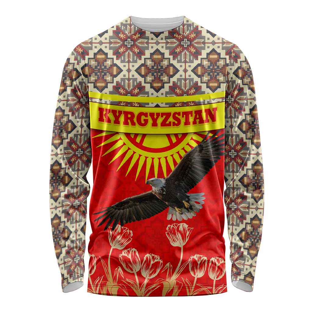 Kyrgyzstan Eagle and Tulip Long Sleeve Shirt with Red Ethnic Pattern with National Sun Emblem - Wonder Print Shop