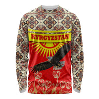 Kyrgyzstan Eagle and Tulip Long Sleeve Shirt with Red Ethnic Pattern with National Sun Emblem - Wonder Print Shop