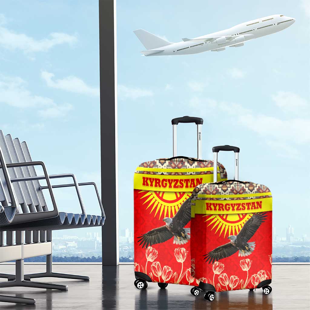 Kyrgyzstan Eagle and Tulip Luggage Cover with Red Ethnic Pattern with National Sun Emblem - Wonder Print Shop