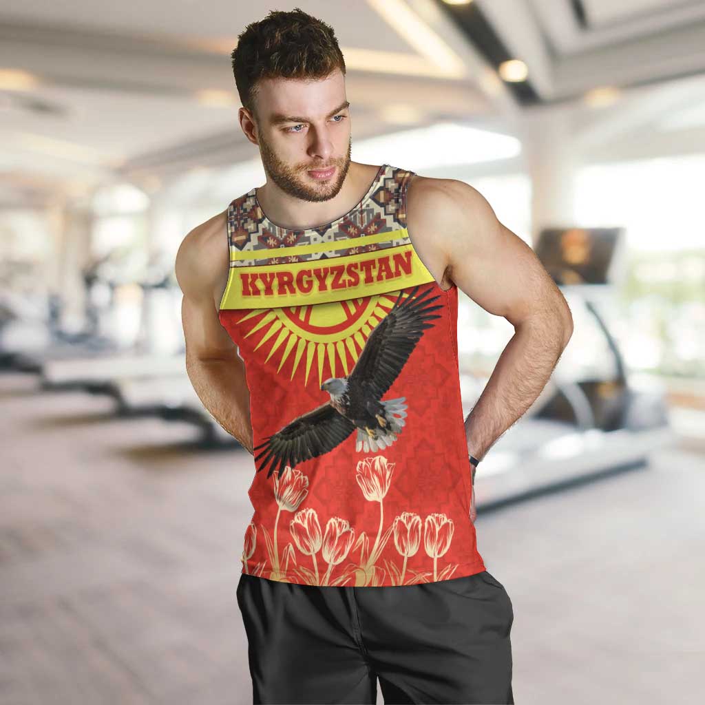 Kyrgyzstan Eagle and Tulip Men Tank Top with Red Ethnic Pattern with National Sun Emblem - Wonder Print Shop