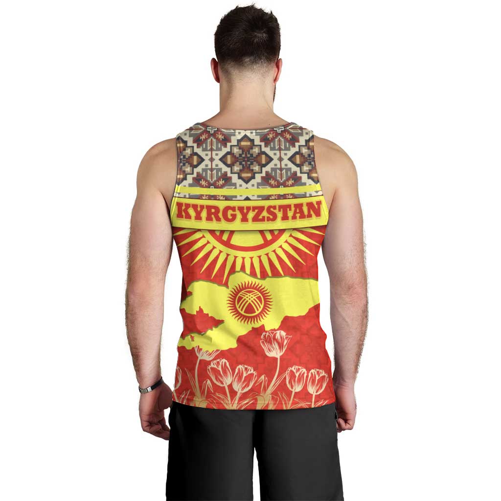 Kyrgyzstan Eagle and Tulip Men Tank Top with Red Ethnic Pattern with National Sun Emblem - Wonder Print Shop