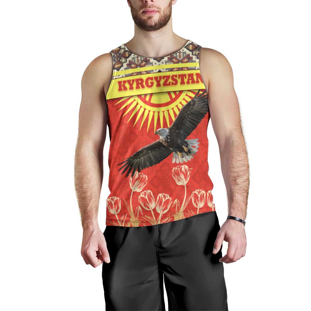 Kyrgyzstan Eagle and Tulip Men Tank Top with Red Ethnic Pattern with National Sun Emblem - Wonder Print Shop