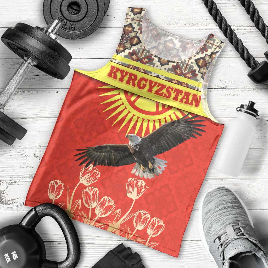 Kyrgyzstan Eagle and Tulip Men Tank Top with Red Ethnic Pattern with National Sun Emblem - Wonder Print Shop