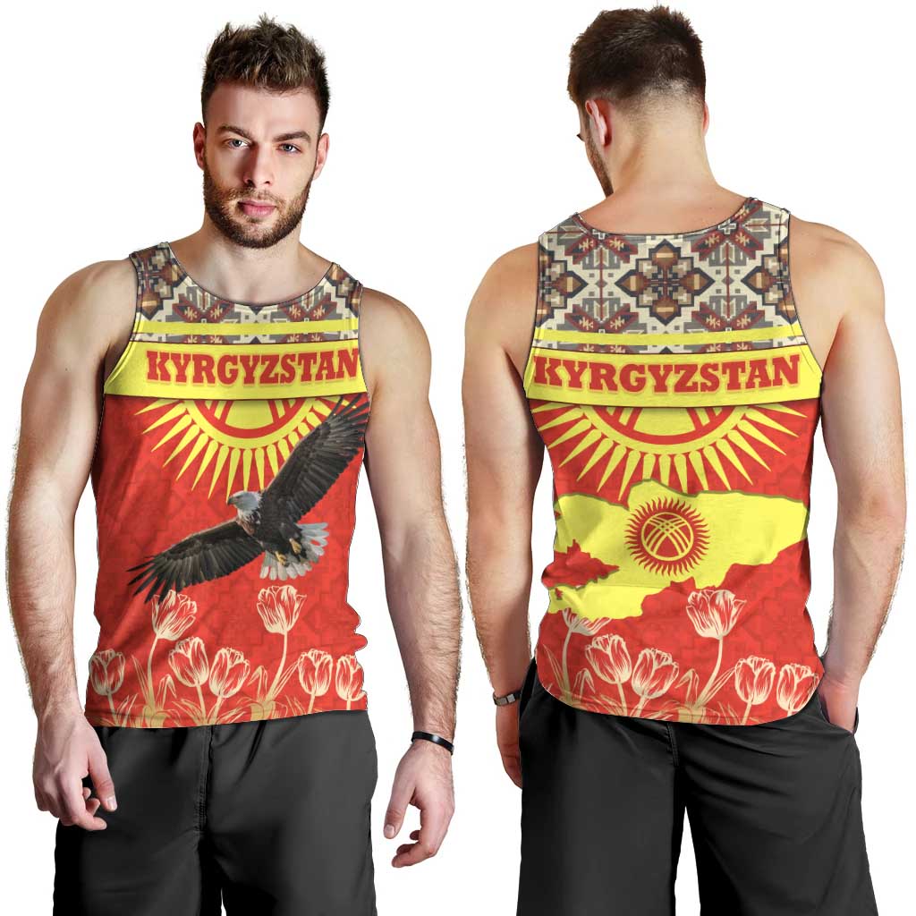 Kyrgyzstan Eagle and Tulip Men Tank Top with Red Ethnic Pattern with National Sun Emblem - Wonder Print Shop
