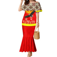Kyrgyzstan Eagle and Tulip Mermaid Dress with Red Ethnic Pattern with National Sun Emblem - Wonder Print Shop