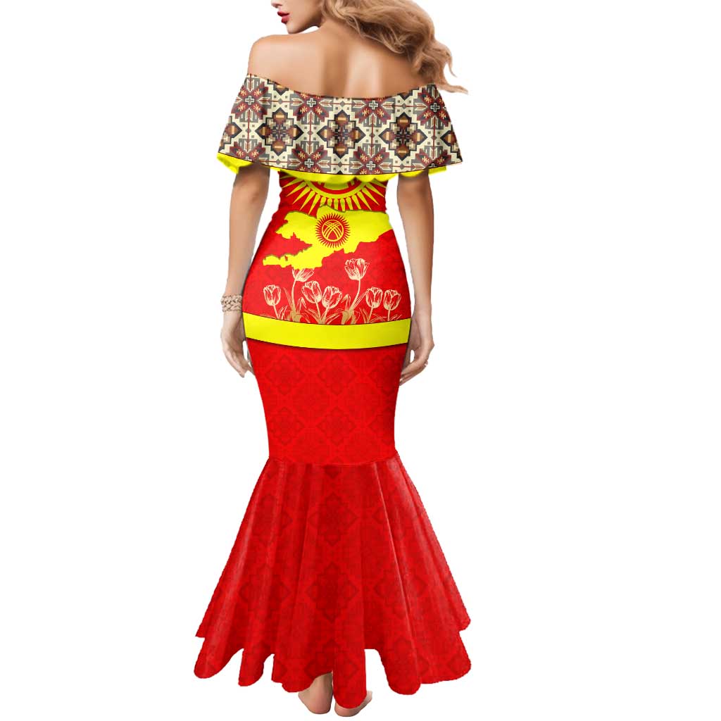 Kyrgyzstan Eagle and Tulip Mermaid Dress with Red Ethnic Pattern with National Sun Emblem - Wonder Print Shop