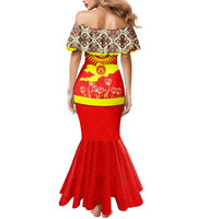 Kyrgyzstan Eagle and Tulip Mermaid Dress with Red Ethnic Pattern with National Sun Emblem - Wonder Print Shop
