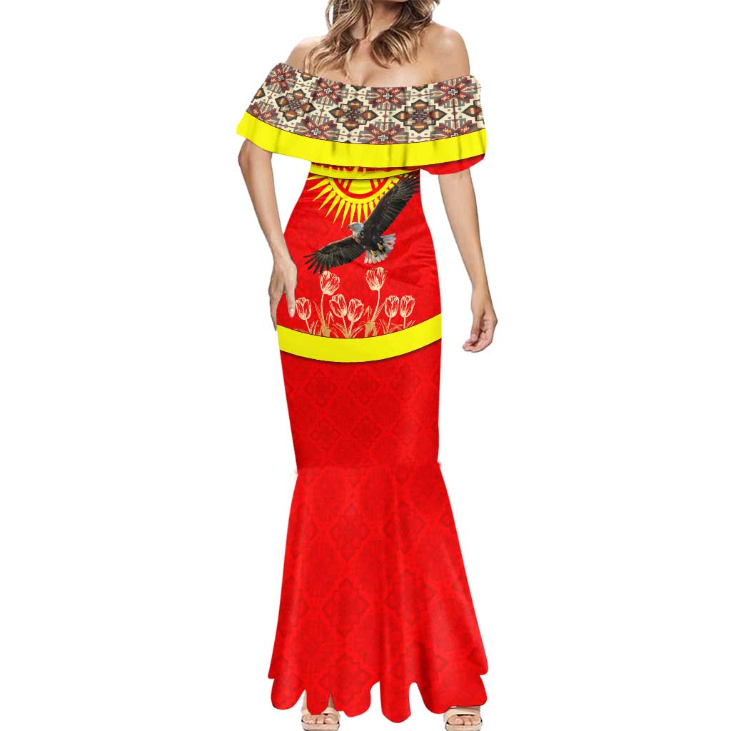 Kyrgyzstan Eagle and Tulip Mermaid Dress with Red Ethnic Pattern with National Sun Emblem - Wonder Print Shop