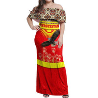 Kyrgyzstan Eagle and Tulip Off Shoulder Maxi Dress with Red Ethnic Pattern with National Sun Emblem - Wonder Print Shop