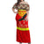 Kyrgyzstan Eagle and Tulip Off Shoulder Maxi Dress with Red Ethnic Pattern with National Sun Emblem - Wonder Print Shop