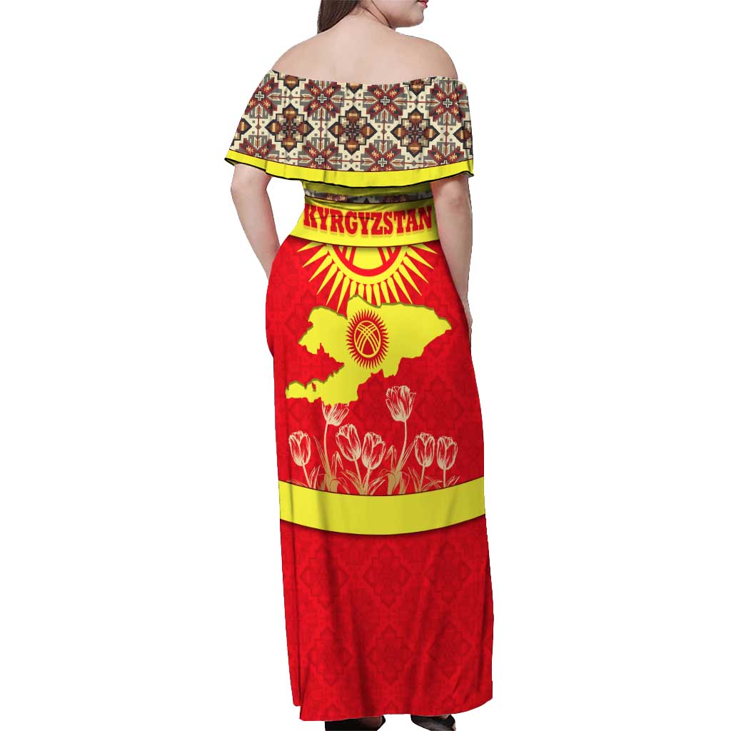 Kyrgyzstan Eagle and Tulip Off Shoulder Maxi Dress with Red Ethnic Pattern with National Sun Emblem - Wonder Print Shop