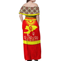 Kyrgyzstan Eagle and Tulip Off Shoulder Maxi Dress with Red Ethnic Pattern with National Sun Emblem - Wonder Print Shop