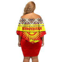 Kyrgyzstan Eagle and Tulip Off Shoulder Short Dress with Red Ethnic Pattern with National Sun Emblem - Wonder Print Shop