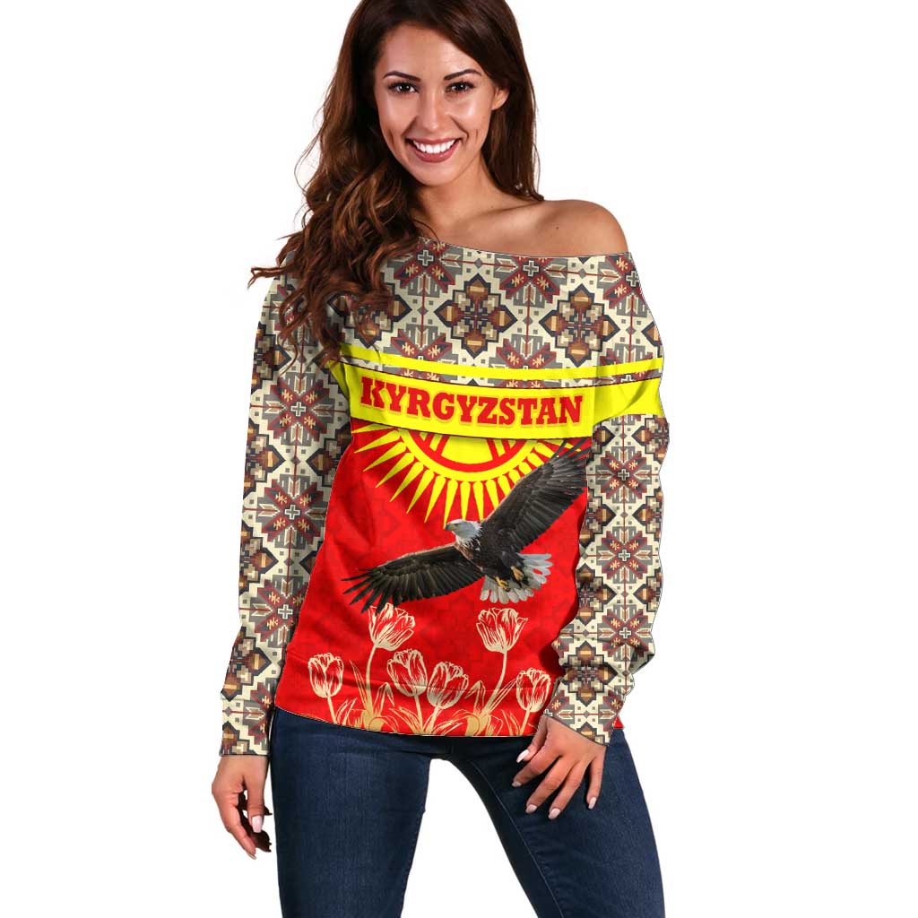 Kyrgyzstan Eagle and Tulip Off Shoulder Sweater with Red Ethnic Pattern with National Sun Emblem - Wonder Print Shop