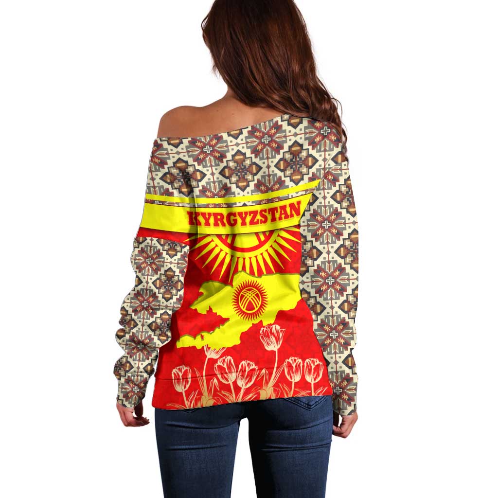 Kyrgyzstan Eagle and Tulip Off Shoulder Sweater with Red Ethnic Pattern with National Sun Emblem - Wonder Print Shop