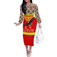 Kyrgyzstan Eagle and Tulip Off The Shoulder Long Sleeve Dress with Red Ethnic Pattern with National Sun Emblem - Wonder Print Shop
