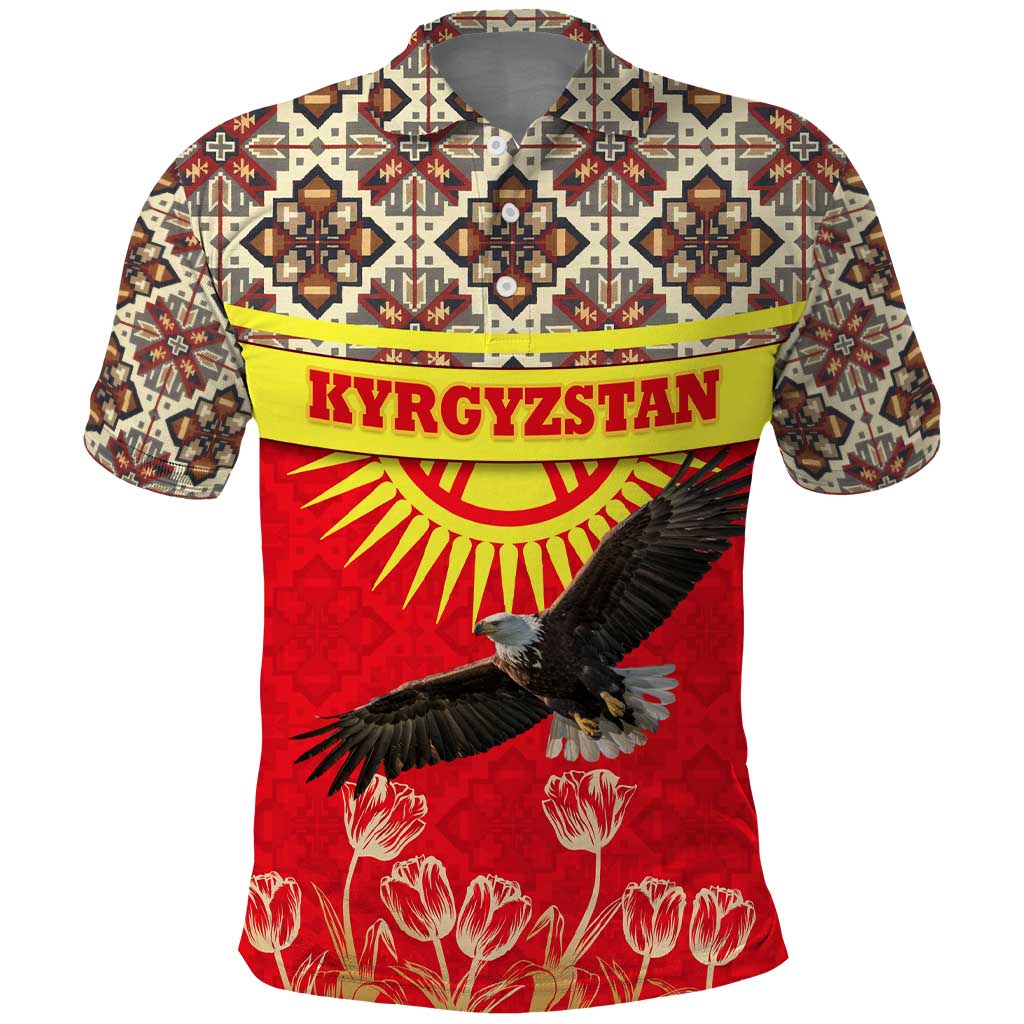 Kyrgyzstan Eagle and Tulip Polo Shirt with Red Ethnic Pattern with National Sun Emblem - Wonder Print Shop