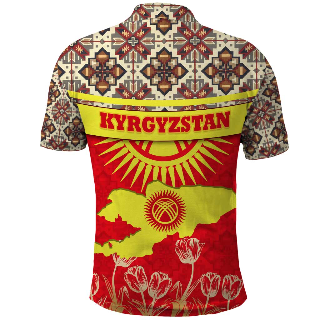 Kyrgyzstan Eagle and Tulip Polo Shirt with Red Ethnic Pattern with National Sun Emblem - Wonder Print Shop