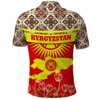 Kyrgyzstan Eagle and Tulip Polo Shirt with Red Ethnic Pattern with National Sun Emblem - Wonder Print Shop