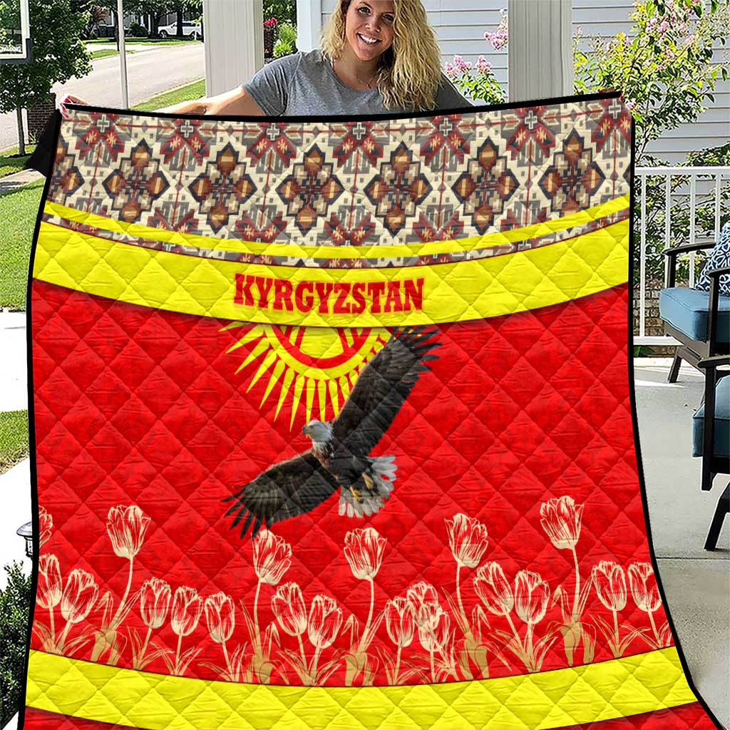 Kyrgyzstan Eagle and Tulip Quilt with Red Ethnic Pattern with National Sun Emblem - Wonder Print Shop