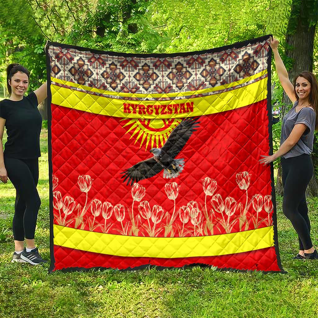 Kyrgyzstan Eagle and Tulip Quilt with Red Ethnic Pattern with National Sun Emblem - Wonder Print Shop