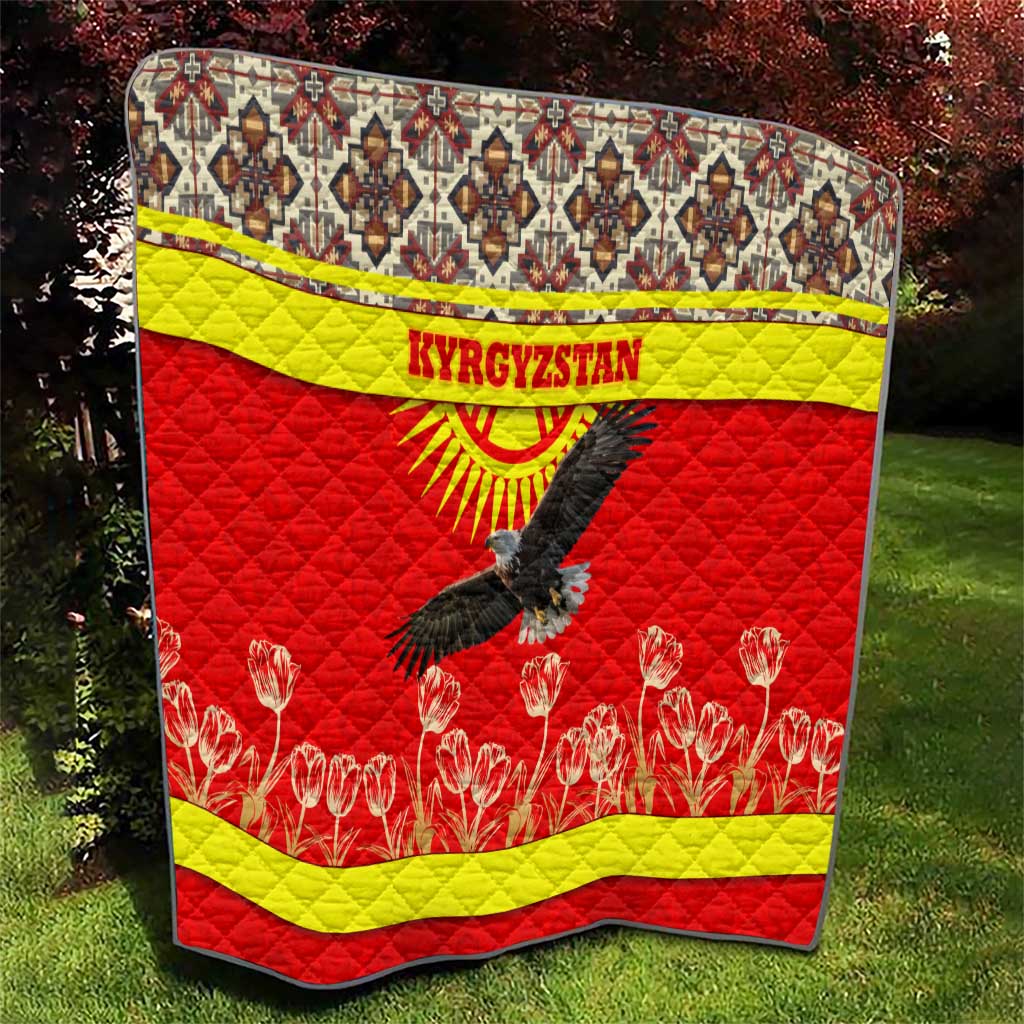 Kyrgyzstan Eagle and Tulip Quilt with Red Ethnic Pattern with National Sun Emblem - Wonder Print Shop