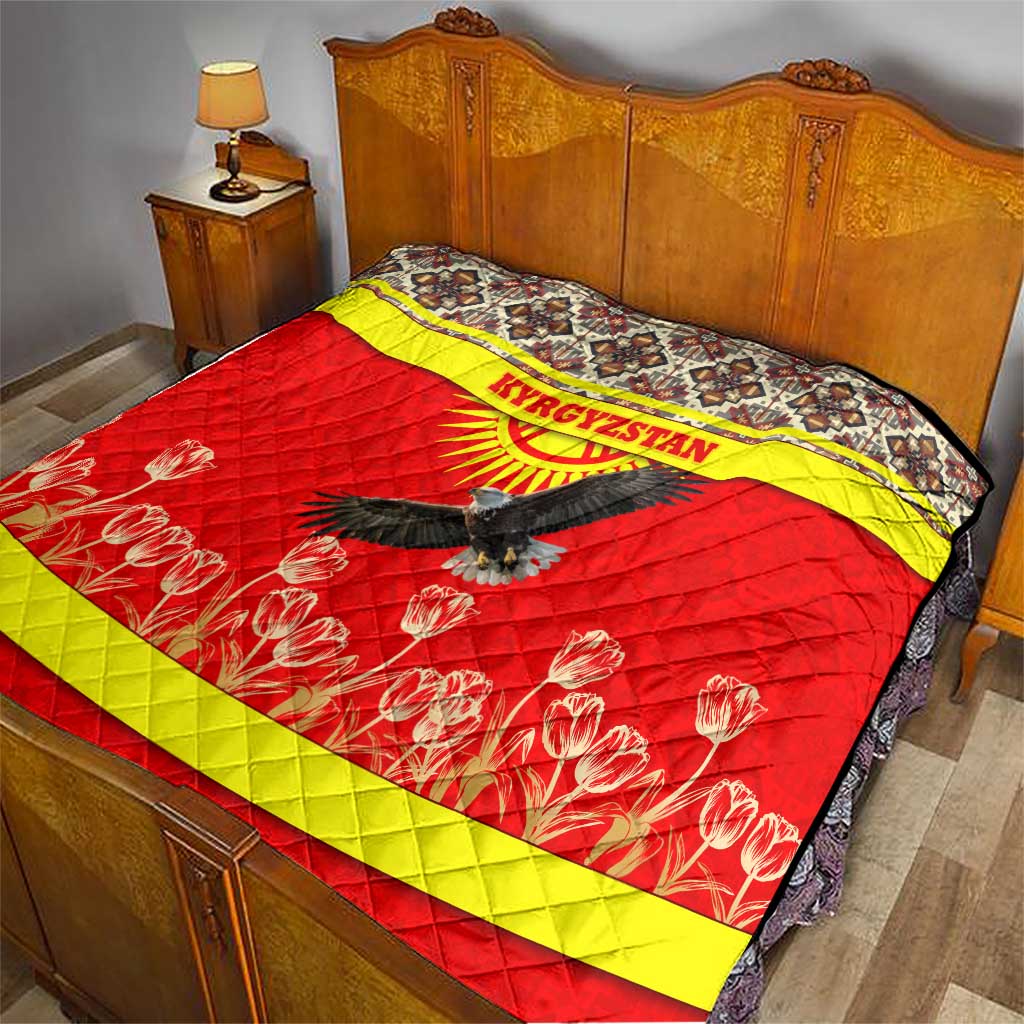 Kyrgyzstan Eagle and Tulip Quilt with Red Ethnic Pattern with National Sun Emblem - Wonder Print Shop