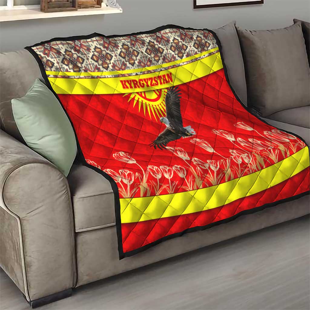 Kyrgyzstan Eagle and Tulip Quilt with Red Ethnic Pattern with National Sun Emblem - Wonder Print Shop