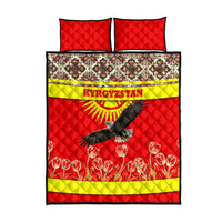 Kyrgyzstan Eagle and Tulip Quilt Bed Set with Red Ethnic Pattern with National Sun Emblem - Wonder Print Shop