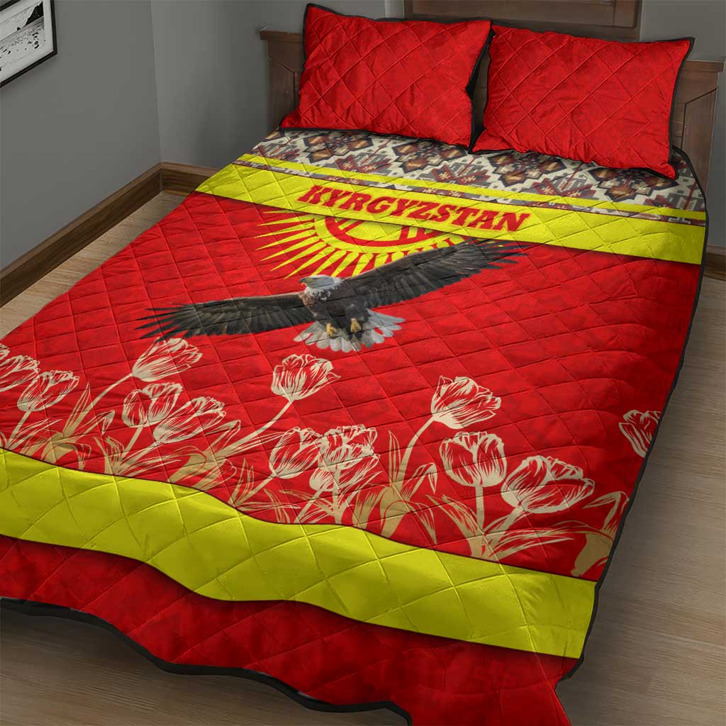 Kyrgyzstan Eagle and Tulip Quilt Bed Set with Red Ethnic Pattern with National Sun Emblem - Wonder Print Shop