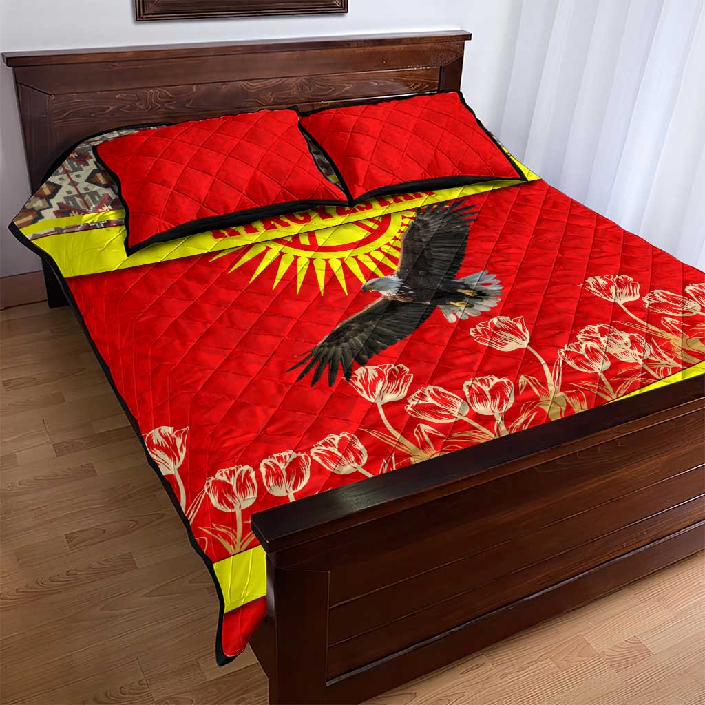 Kyrgyzstan Eagle and Tulip Quilt Bed Set with Red Ethnic Pattern with National Sun Emblem - Wonder Print Shop