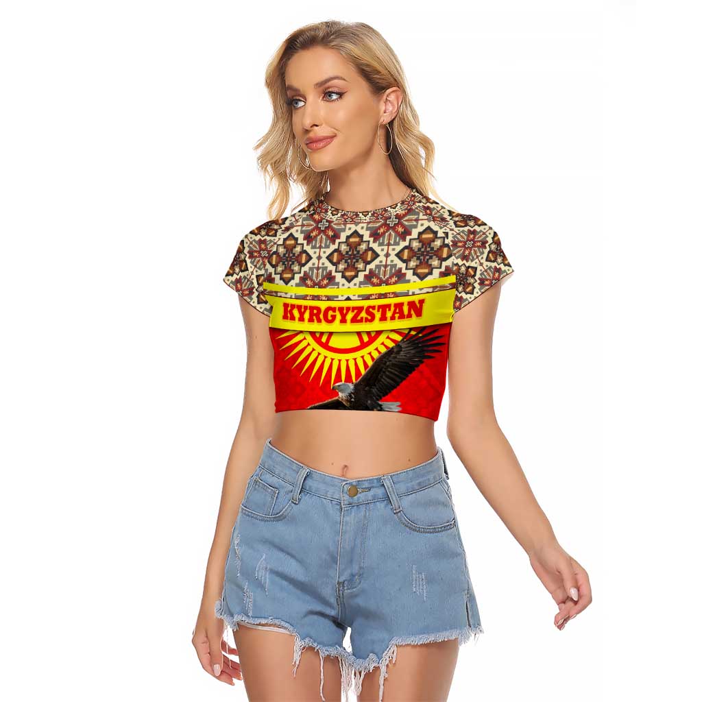 Kyrgyzstan Eagle and Tulip Raglan Cropped T Shirt with Red Ethnic Pattern with National Sun Emblem - Wonder Print Shop