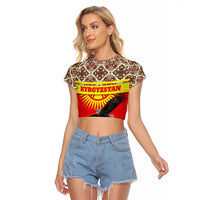 Kyrgyzstan Eagle and Tulip Raglan Cropped T Shirt with Red Ethnic Pattern with National Sun Emblem - Wonder Print Shop