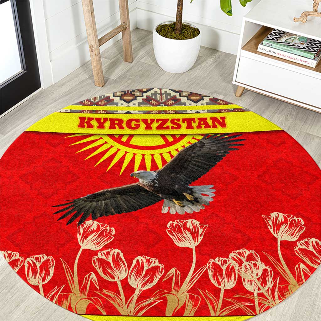 Kyrgyzstan Eagle and Tulip Round Carpet with Red Ethnic Pattern with National Sun Emblem - Wonder Print Shop