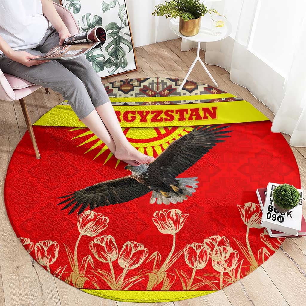 Kyrgyzstan Eagle and Tulip Round Carpet with Red Ethnic Pattern with National Sun Emblem - Wonder Print Shop