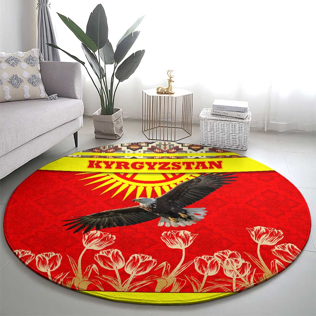 Kyrgyzstan Eagle and Tulip Round Carpet with Red Ethnic Pattern with National Sun Emblem - Wonder Print Shop