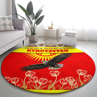 Kyrgyzstan Eagle and Tulip Round Carpet with Red Ethnic Pattern with National Sun Emblem - Wonder Print Shop