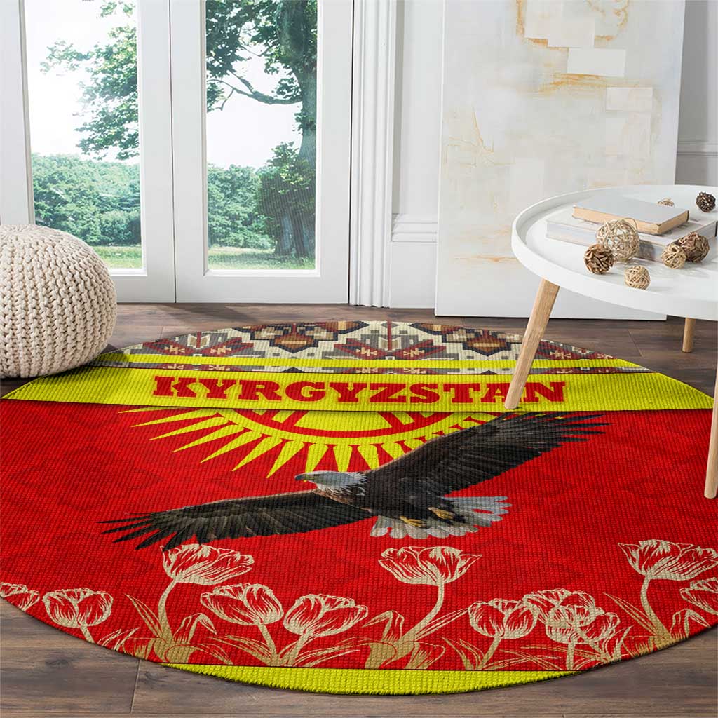 Kyrgyzstan Eagle and Tulip Round Carpet with Red Ethnic Pattern with National Sun Emblem - Wonder Print Shop