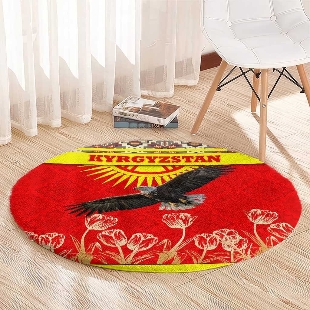 Kyrgyzstan Eagle and Tulip Round Carpet with Red Ethnic Pattern with National Sun Emblem - Wonder Print Shop