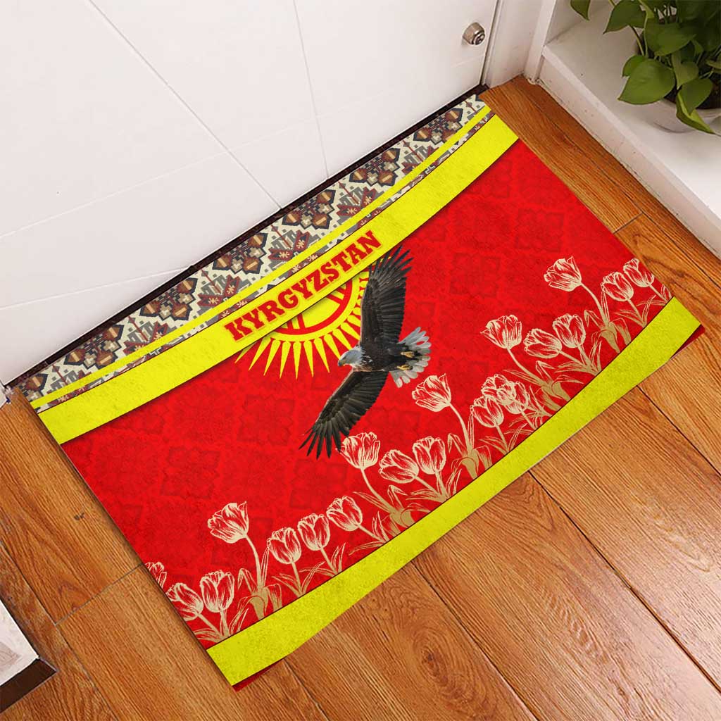 Kyrgyzstan Eagle and Tulip Rubber Doormat with Red Ethnic Pattern with National Sun Emblem - Wonder Print Shop