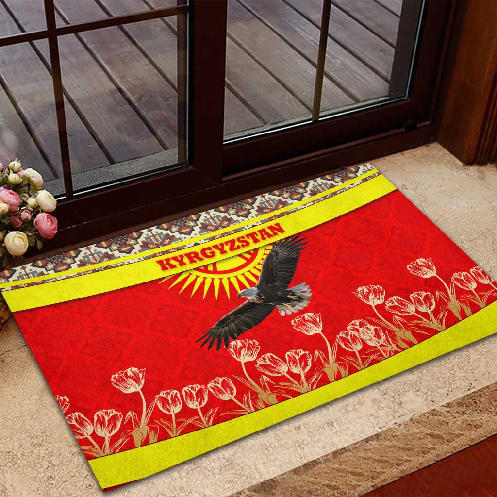 Kyrgyzstan Eagle and Tulip Rubber Doormat with Red Ethnic Pattern with National Sun Emblem - Wonder Print Shop