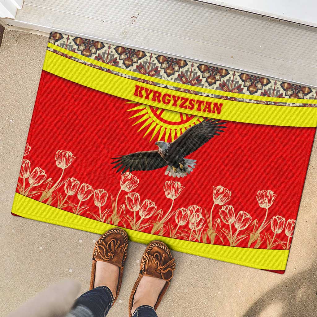 Kyrgyzstan Eagle and Tulip Rubber Doormat with Red Ethnic Pattern with National Sun Emblem - Wonder Print Shop