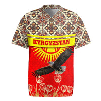 Kyrgyzstan Eagle and Tulip Rugby Jersey with Red Ethnic Pattern with National Sun Emblem - Wonder Print Shop