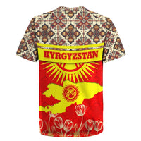 Kyrgyzstan Eagle and Tulip Rugby Jersey with Red Ethnic Pattern with National Sun Emblem - Wonder Print Shop