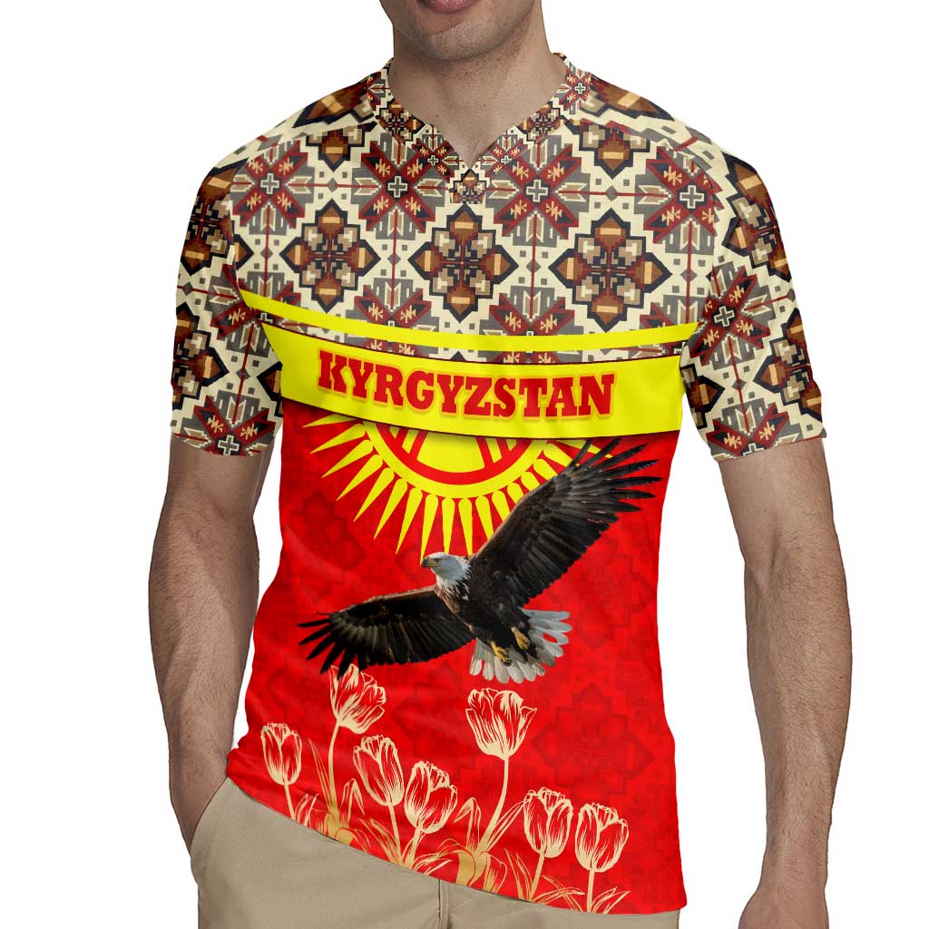 Kyrgyzstan Eagle and Tulip Rugby Jersey with Red Ethnic Pattern with National Sun Emblem - Wonder Print Shop