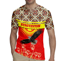 Kyrgyzstan Eagle and Tulip Rugby Jersey with Red Ethnic Pattern with National Sun Emblem - Wonder Print Shop