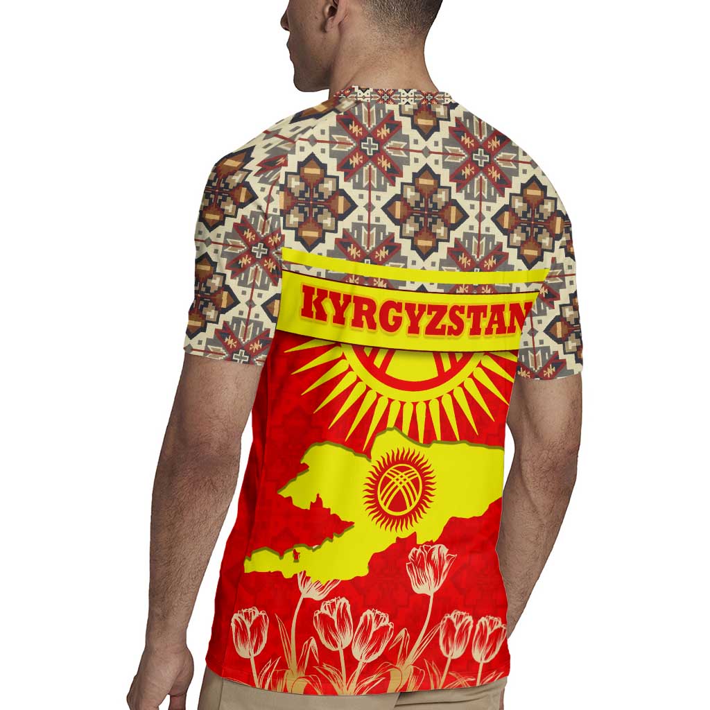 Kyrgyzstan Eagle and Tulip Rugby Jersey with Red Ethnic Pattern with National Sun Emblem - Wonder Print Shop
