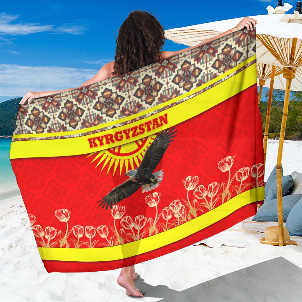 Kyrgyzstan Eagle and Tulip Sarong with Red Ethnic Pattern with National Sun Emblem - Wonder Print Shop