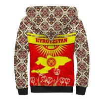 Kyrgyzstan Eagle and Tulip Sherpa Hoodie with Red Ethnic Pattern with National Sun Emblem - Wonder Print Shop