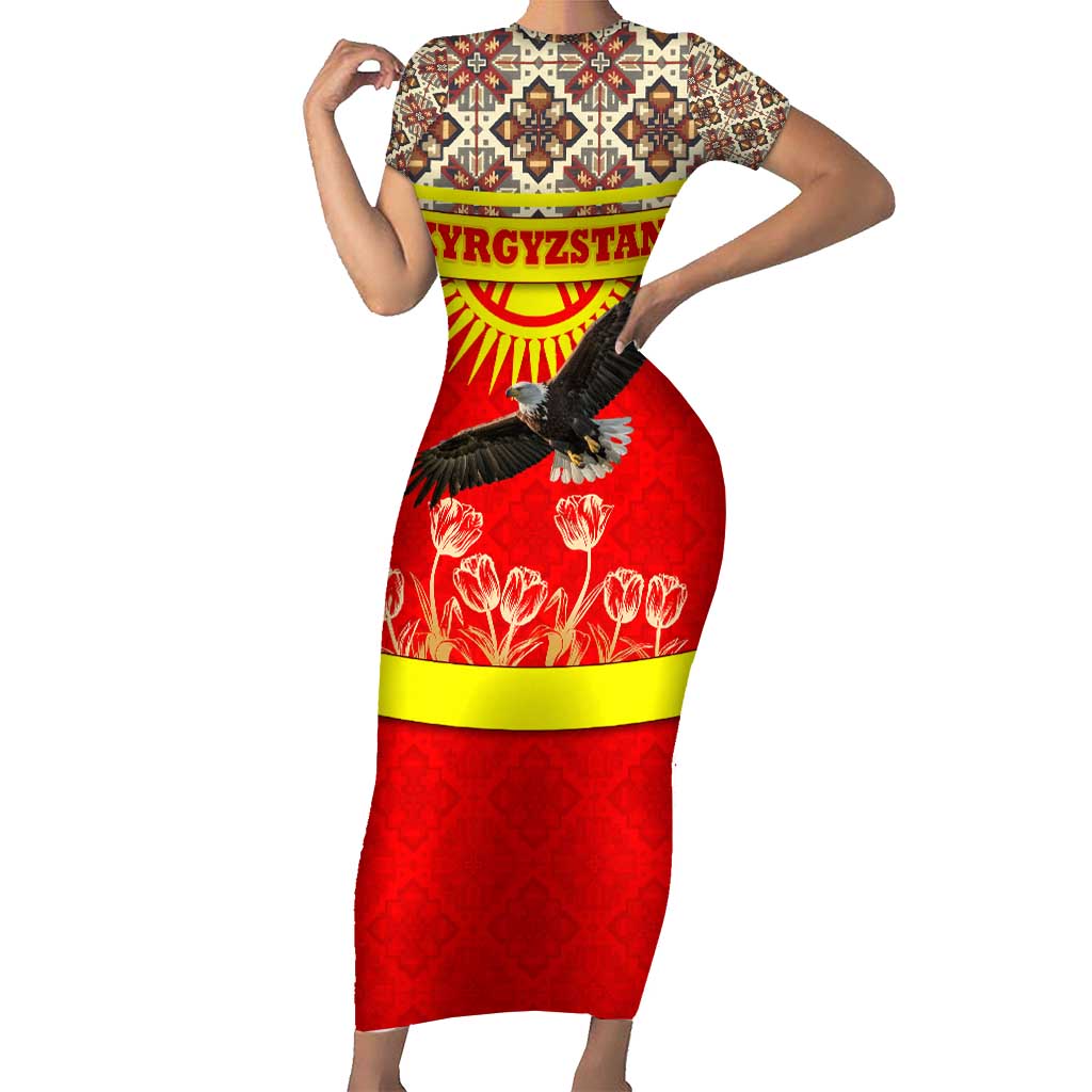 Kyrgyzstan Eagle and Tulip Short Sleeve Bodycon Dress with Red Ethnic Pattern with National Sun Emblem - Wonder Print Shop